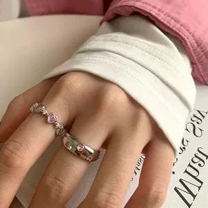 Pink heart zircon metal open ring set for women with vintage minimalist style