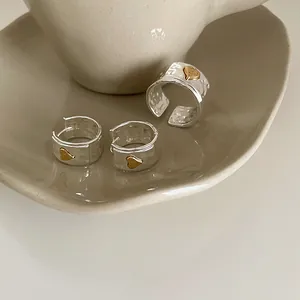 Vintage silver hammered texture jewelry set with gold heart ring and earrings