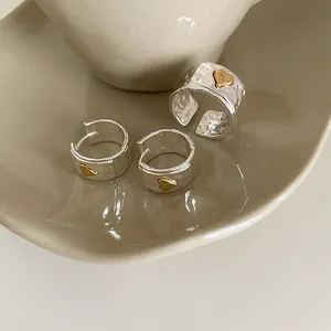 Korean Vintage Irregular Hammered Heart Stud Earrings Ring 925 Sterling Silver Earring Post Gold Plated Women Jewelry