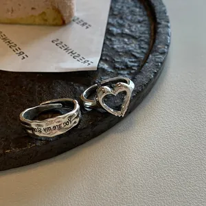 Irregular Metal Heart Letter Open Adjustable Rings S925 Sterling Silver Gold Plated For Women Retro Niche Design Finger Jewelry