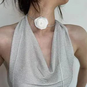 Elegant white fabric 3D rose flower choker necklace with slim silver-grey straps