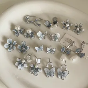 Elegant Blue Gradient Crystal Stud Earrings For Women With 925 Sterling Silver Earring Post Butterfly Flower Faux Pearl Jewelry