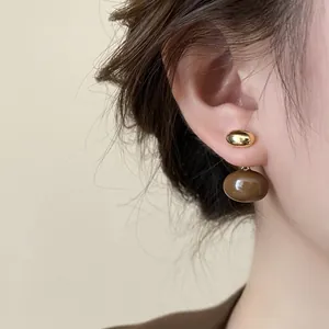 French vintage milk tea brown enamel bean earrings with gold metal stud for women