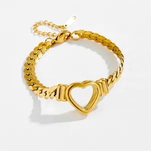 Chunky 18K gold plated Cuban heart chain bracelet for women with minimalist toggle clasp