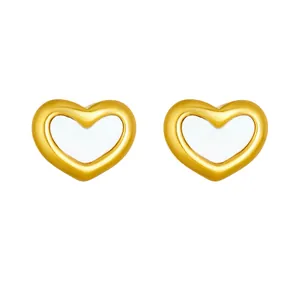 Elegant gold heart stud earrings with white mother of pearl inlay for women