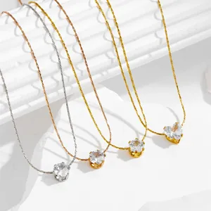 Titanium Steel Zirconia Pendant Necklace For Women Gold Rose Gold Silver 6-Prong Round Heart Clavicle Chain Jewelry Gift
