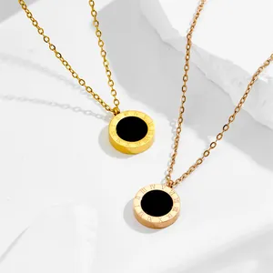 Titanium Steel Roman Numeral Round Pendant Necklace And Stud Earrings For Women Rose Gold Gold Black Double Sided Jewelry