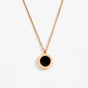 Rose gold stainless steel necklace with double-sided Roman numerals and black inlay