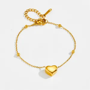 18K gold plated stainless steel heart necklace with polished beads and lobster clasp