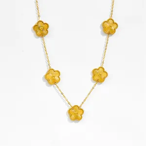 Elegant gold titanium steel necklace featuring five vintage radial flower pendants for women