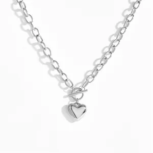 Minimalist silver stainless steel heart pendant necklace with OT toggle clasp design
