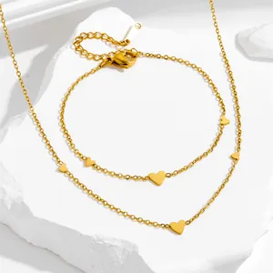 Minimalist Stainless Steel Heart Pendant Jewelry For Women Gold Plated Heart Necklace Bracelet Anklet Fashion Jewelry Set Gift
