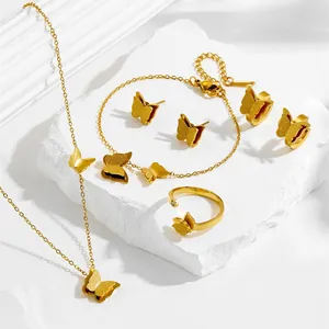 Gouden Roestvrij Staal Gematteerde Dubbellaagse Vlinder Ketting Oorbellen Armband Verstelbare Open Ring Sieraden Set Vrouwen