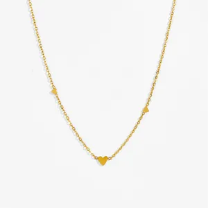 Minimalist gold stainless steel chain necklace with three small heart pendants