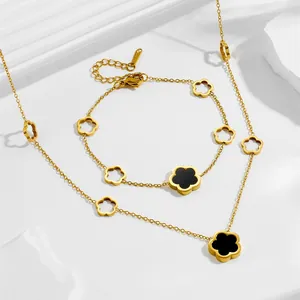 Collier Et Bracelet En Acier Inoxydable Plaqué Or Fleur À Cinq Pétales Émail Noir Blanc Pour Femmes Bijoux