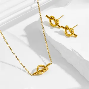 Vintage Knotted Heart Stainless Steel Necklace And Stud Earrings Set 18K Gold Plated Minimalist Sweet Jewelry For Women