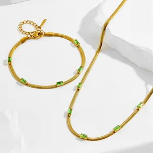 Set Gioielli Minimalista Collana E Bracciale In Acciaio Al Titanio Catena Lisca Di Pesce Oro Zirconia Rettangolare