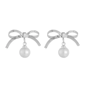Elegant silver bow earrings with woven texture and white hanging pearls for women