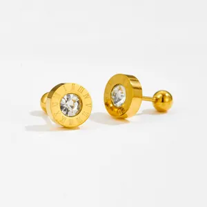 Close-up of 18K gold earrings with Roman numerals, central zircon and screw back closure