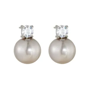 Elegant silver pearl stud earrings with zircon inlay for a minimalist jewelry look