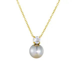 Elegant gold necklace featuring a lustrous grey pearl pendant and sparkling zircon stone