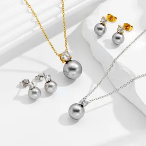 Stainless Steel Grey Artificial Pearl Zirconia Pendant Necklace And Stud Earrings For Women Minimalist Elegant Clavicle Chain Jewelry