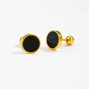 Minimalist 18K gold round heart stud earrings with black onyx inlay and screw ball backs