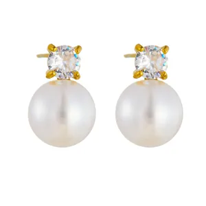 Classic gold four-prong pearl and zircon earrings set for women with elegant white luster