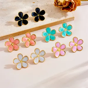 Retro Flower Stud Earrings Stainless Steel Enamel Floral Petal Earrings For Women Fashion Jewelry Accessories Gift