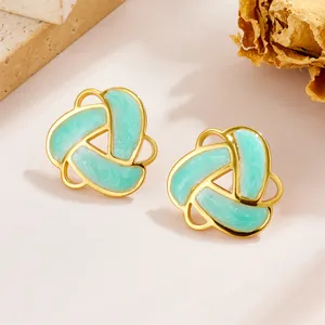 Vintage gold triangle enamel earrings with green marble texture in a French style