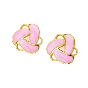 Vintage gold triangle enamel stud earrings with pink marble texture in French style