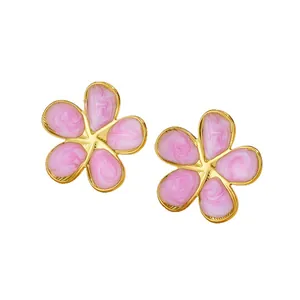 Elegant gold-plated sunflower stud earrings with pink marble texture enamel petals