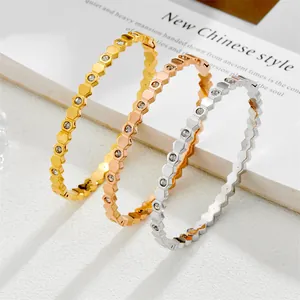 Titaniumstalen Honingraat Armring Met Fonkelende Zirkoon Zeshoek Geometrische Armring Voor Dames Goud Roségoud Zilveren Sieraden