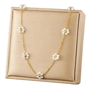 18K gold plated stainless steel necklace with delicate pearl flower charms for women