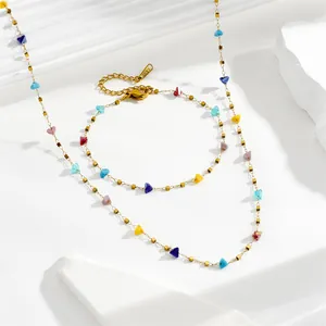 Minimalist Stainless Steel Jewelry Set Multicolor Geometric Stone Gold Plated Necklace Bracelet For Women Fashion Jewelry