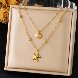Collana a doppio strato con stella marina dorata, conchiglia e perle per estate