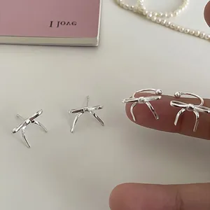 Silver bow knot stud earrings and ear cuff set minimalist metal jewelry for women