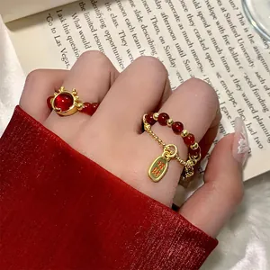Anillo de Cuentas de Estilo Nuevo Chino Para Mujer Cuentas Aspecto Ágata Roja Aleación Chapada en Oro Colgante Suerte Joyería