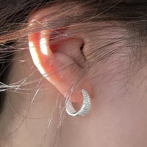 Close-up of elegant silver sparkling hoop earrings with micro-paved white zircons