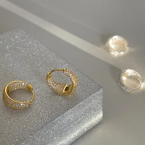 Luxury sparkling full diamond hoop earrings in gold and silver finish with pave zircons
