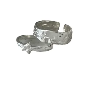 S925 Sterling Silber Stern Ring-Set mit Hammerschlag-Textur und Stern-Anhänger