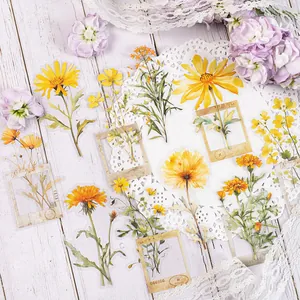 Vintage yellow floral PET stickers with sunflowers and daisy designs for DIY scrapbooking