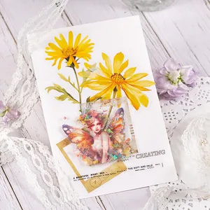 Botanical PET stickers with yellow daisies and vintage fairy patterns for journaling
