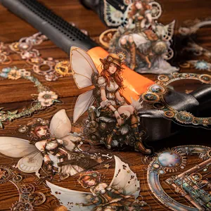 Steampunk girl stickers with mechanical gears and vintage wings for DIY scrapbooking
