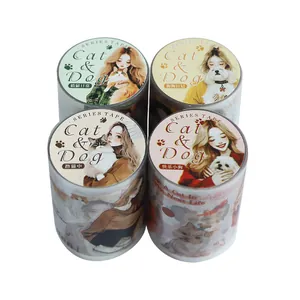 Set of four PET tapes featuring cute cat and dog illustrations for scrapbooking
