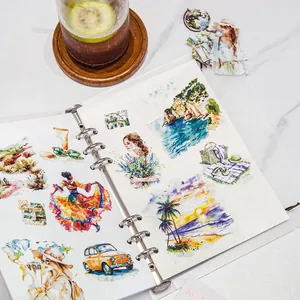 Artistic travel themed stickers featuring bohemian girls and vintage cars on a notebook