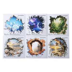 Set de pegatinas 3D efecto pared rota con paisajes naturales y diseños de cielo estrellado