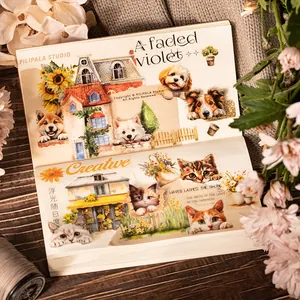 Vintage PET tape featuring cute cats and dogs with European architecture and sunflowers