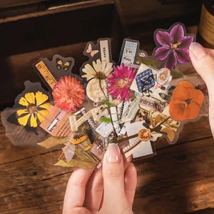 Vintage floral PET stickers featuring sunflowers and stamps for DIY journaling decoration