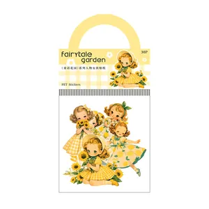 30-piece vintage girl stickers set in fairy garden theme with bright yellow sunflowers
